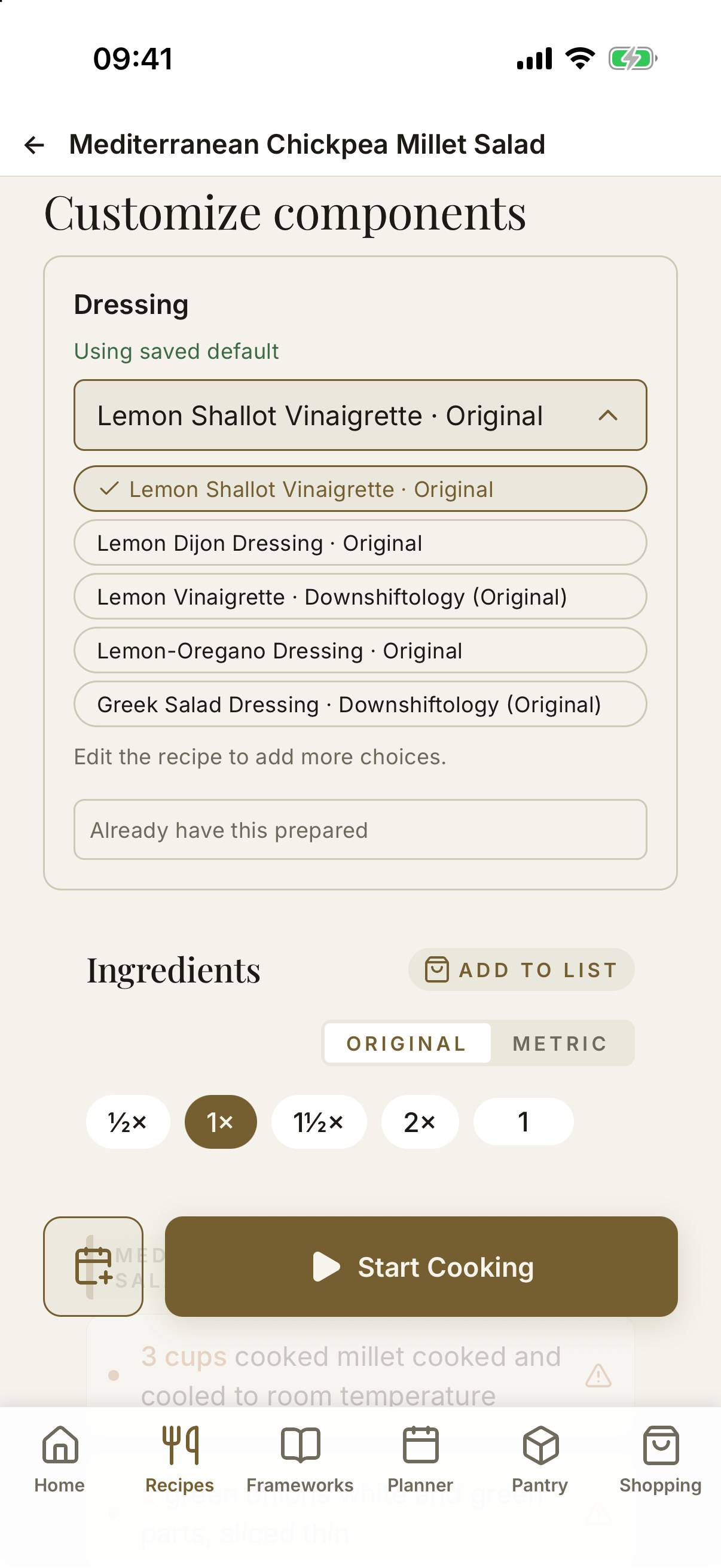 Stemma recipe with a Dressing component offering five vinaigrettes to choose from