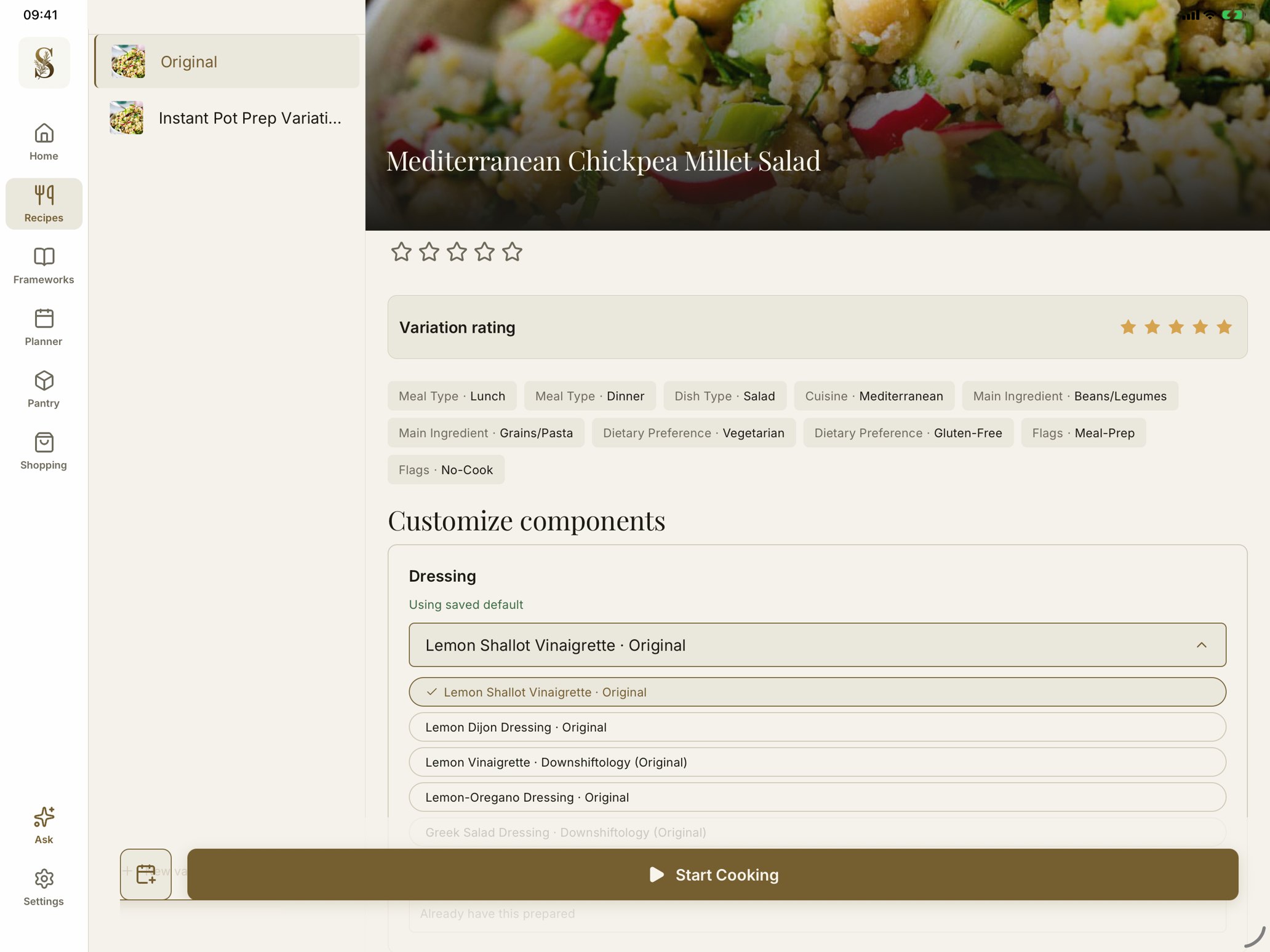 Stemma recipe on iPad in landscape, with a variations sidebar and a dressing component with five vinaigrette choices